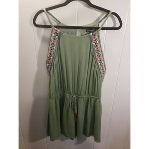 As U Wish Womens L Olive Green Embroidered‎ Romper Festival Boho Gauzy